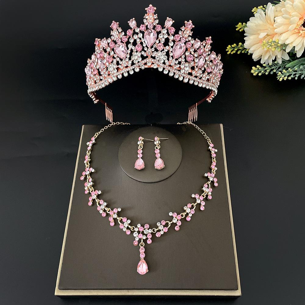 

Pink Bridal Crown Three-piece Suit Wedding Crown Tiara Necklace Earrings Korean Super Fairy Wedding Dress Accessories
