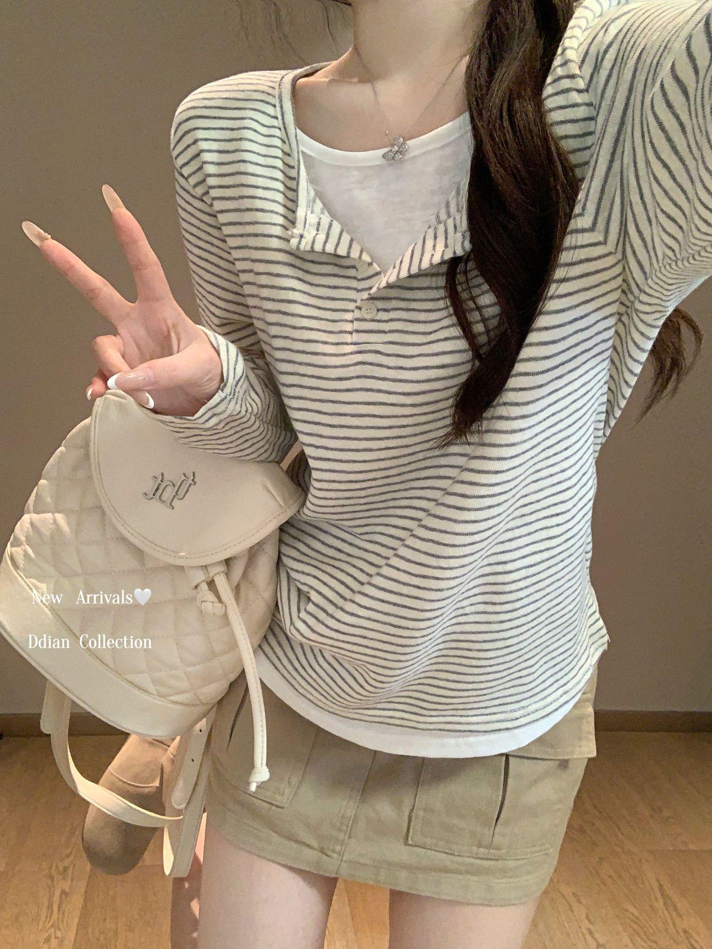 

Plus Size Striped Long Sleeve Two-Piece Faux T-shirt for Women - Autumn/Winter Slimming Niche Base Layer Top XL