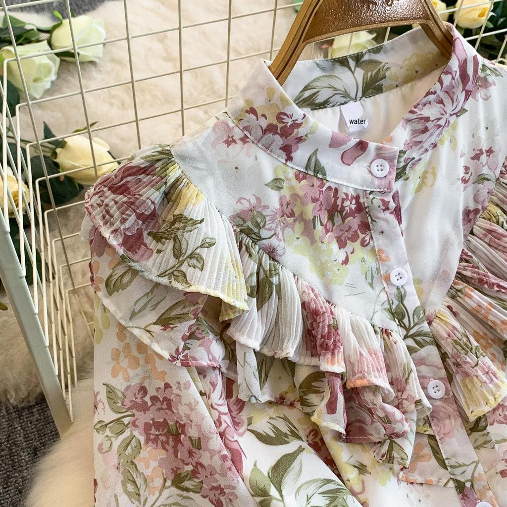 Romantic French Chiffon Print Ruffled Dress with Cinched Waist and Pleated Wide Hem