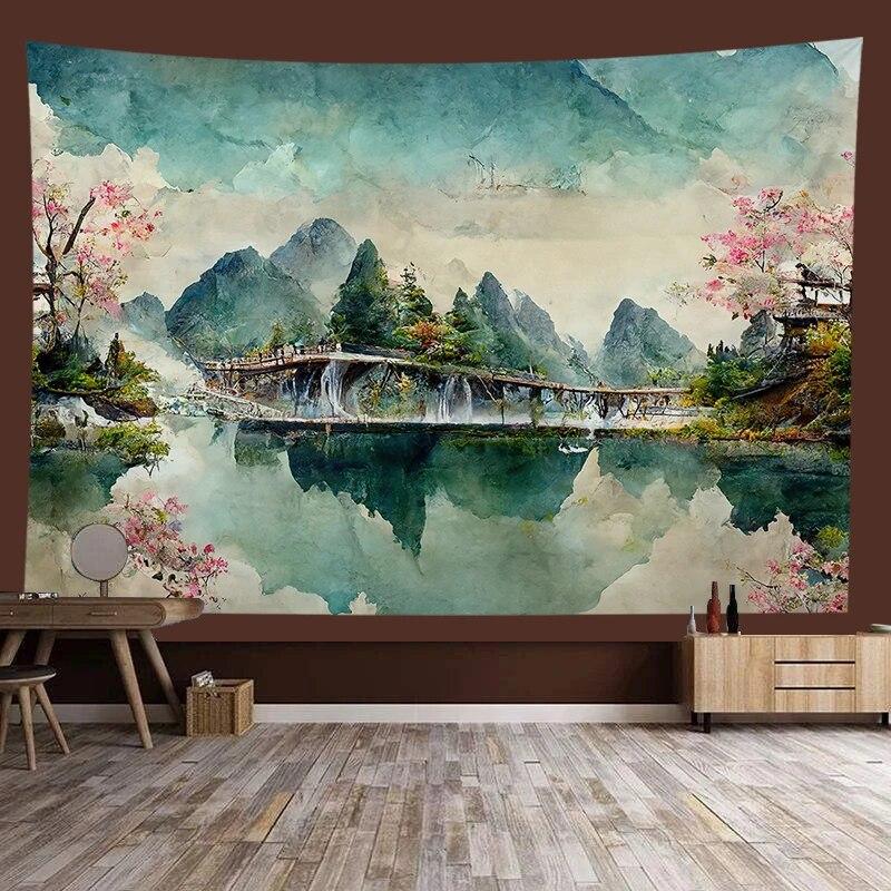 Chinese style landscape painting background tapestry room decoration wall background cloth living room home decoration