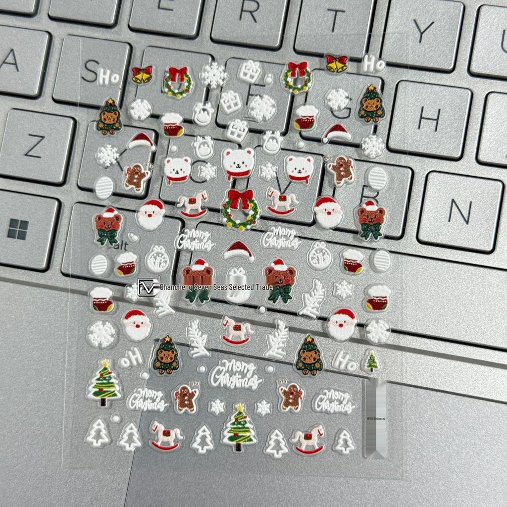 Autocollants pour ongles de Noël mignons 5D: Ours Blanc, Bonhomme en Pain d'Épice, Rennes, Dessin Animé, Bricolage, Autocollant