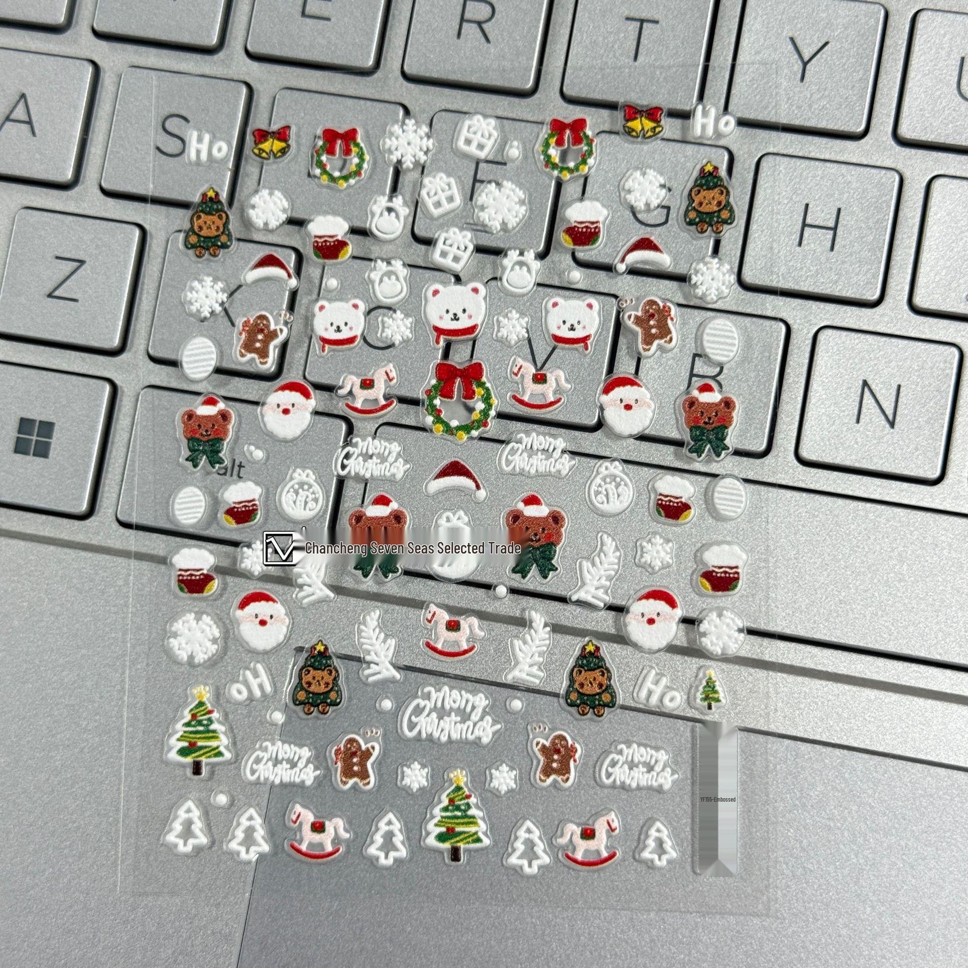 5D Cute Christmas Nail Stickers: White Bear, Gingerbread Man, Reindeer, Cartoon, DIY, Self-Adhesive