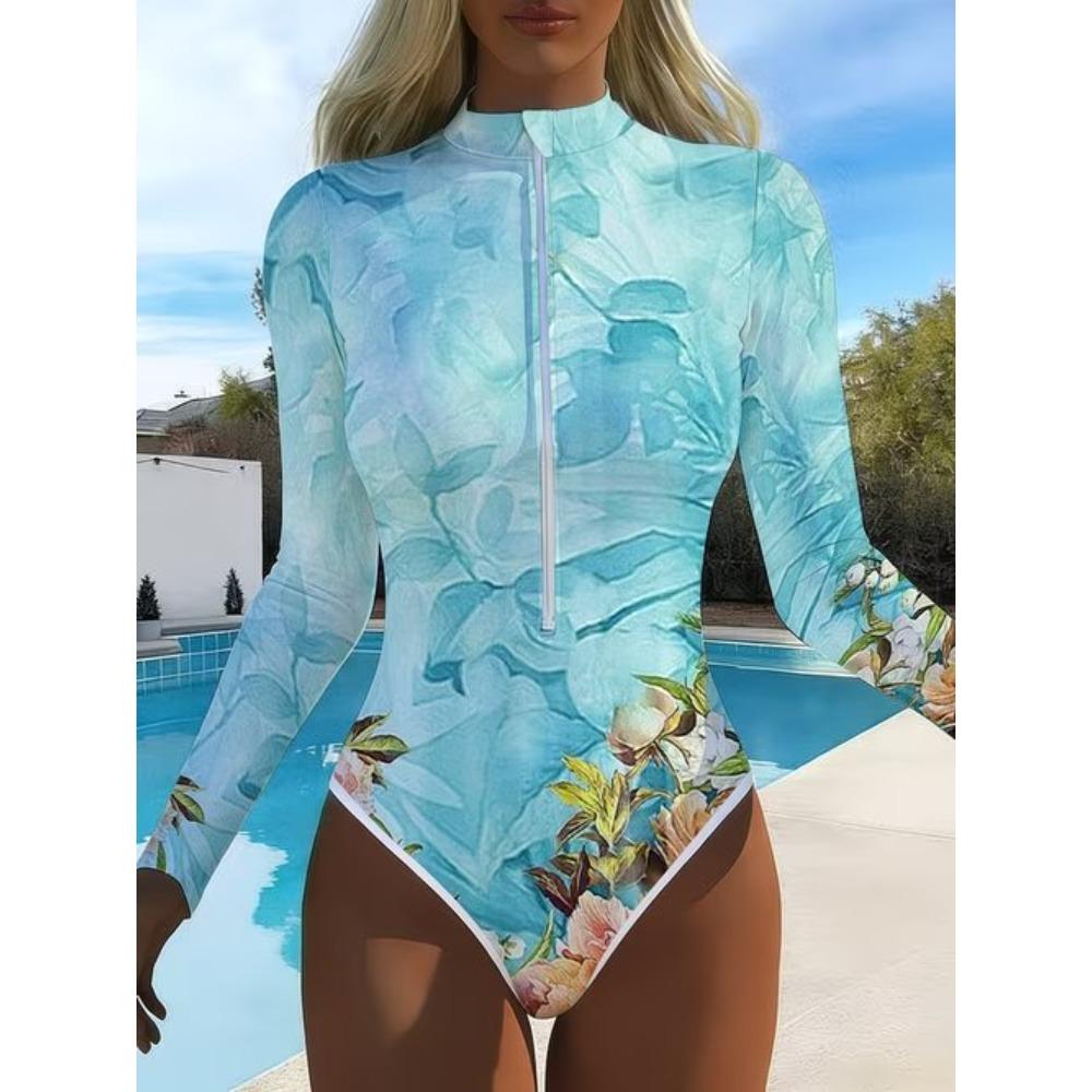 Women Long Sleeve One Piece Swimsuit Zip Front Ink and Wash Flowers Print Rash Guard Surfing Bathing Suit