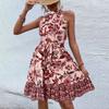 Dames Zomerjurk met Bloemenhals Mouwloos Casual A-lijn Jurk met Riem voor Strandvakantie, Feest