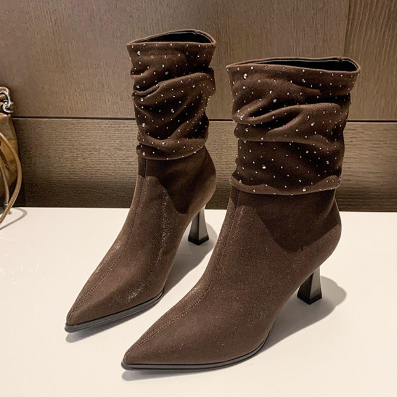 Crystal High Heels Ankle Women Boots Pointed Toe Suede Elegant Pumps Shoes Winter 2025 Trend Party Sexy Chelsea New Botas Mujer