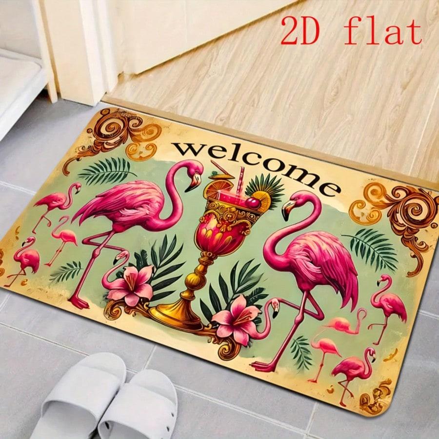 Newest Tropical Flamingo Welcome Home Doormat, Palm Leaf Floral Entrance Rug for Front Door Outdoor Porch Decor