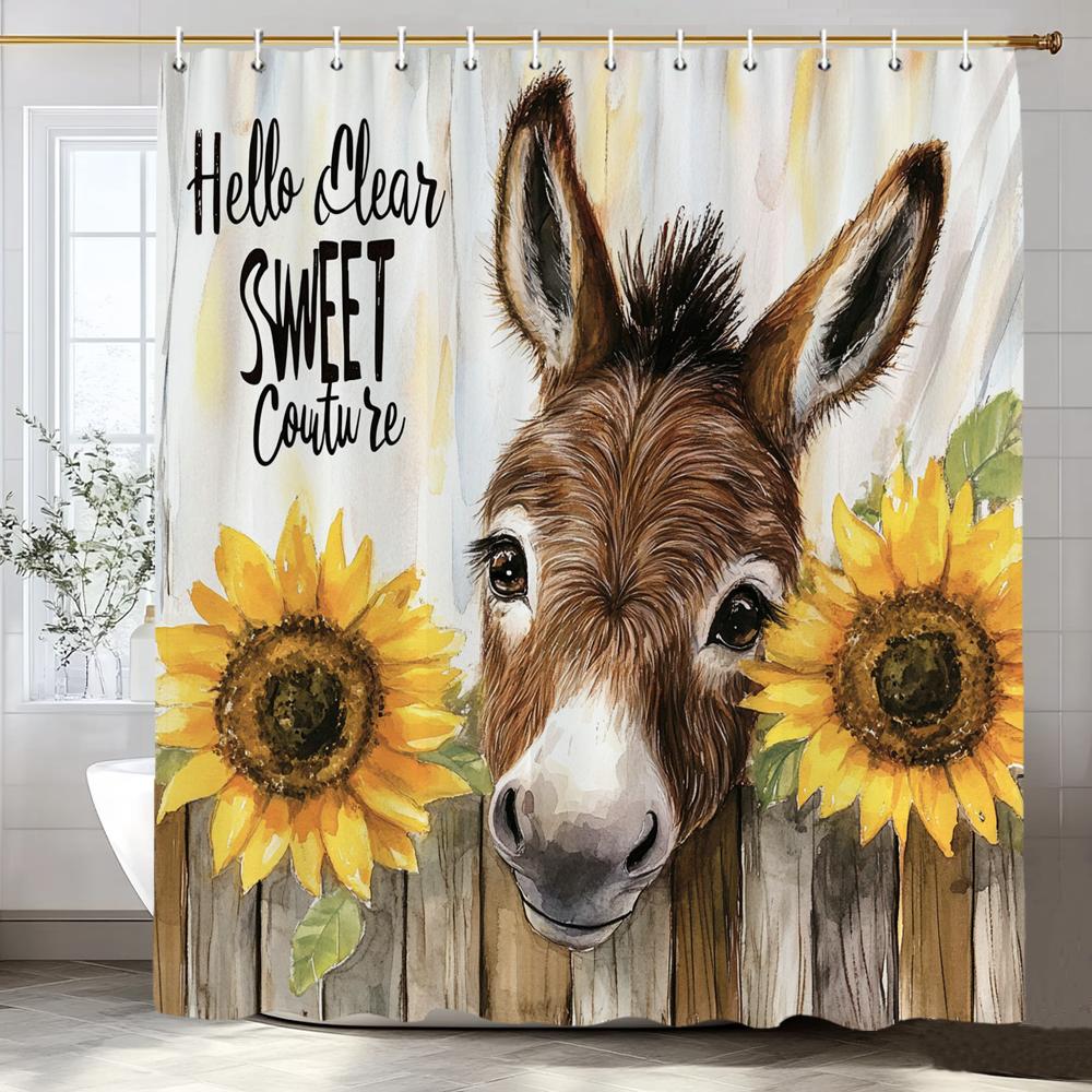 Lovely Farm Donkey Sunflower Shower Curtain Printed Fabric Bathroom Decorative Shower Curtain Home Curtain With Hooks