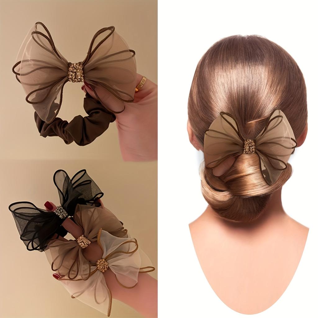 3Pcs Elegant Vintage Rhinestone Bow Headband - High Elastic Ladies Headwear, Mesh and Fabric Design