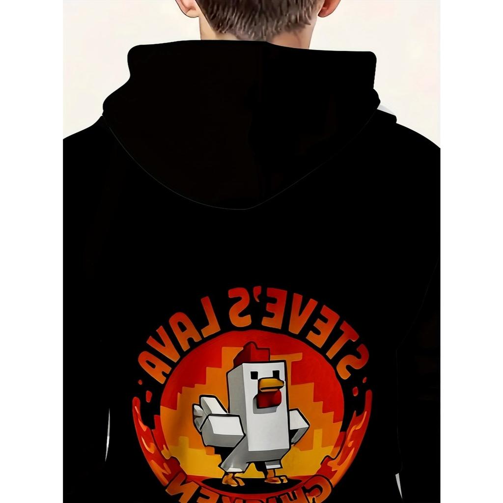 Boys' Casual Hooded Sweatshirt - Steve's Lava Chicken 3D Digital Printed Black Long Sleeved Pullover