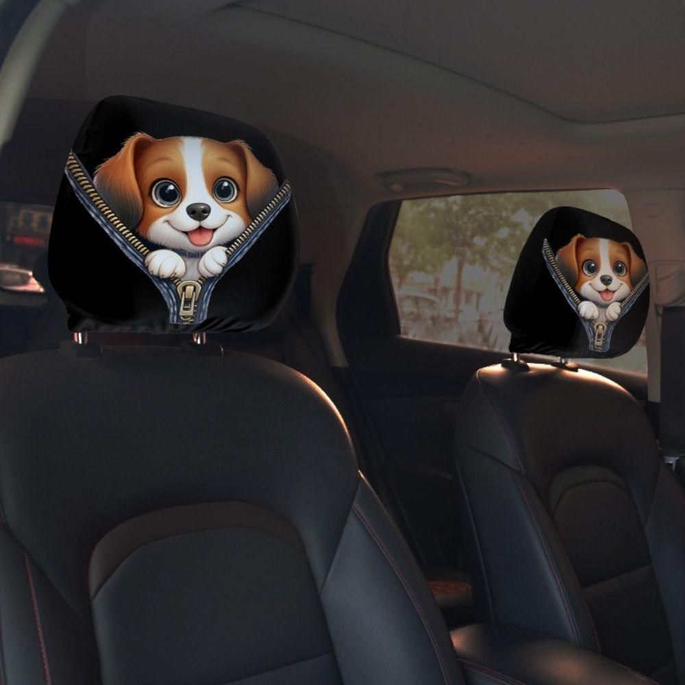 2 Stück Universelle Auto-Sitzbezüge Cartoon Elastische Auto-Kopfstützenbezüge Staubdicht Atmungsaktiv Auto-Sitz-Kopfstütze