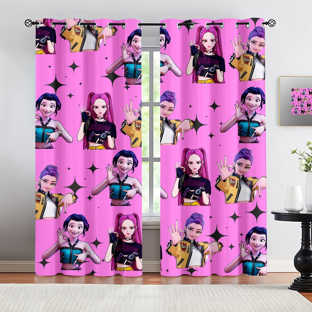 2pcs Kpop Anime Girls Curtains Cute Idol Group Print Blackout Curtains Orange Background Window Drapes For Teens Bedroom Dec
