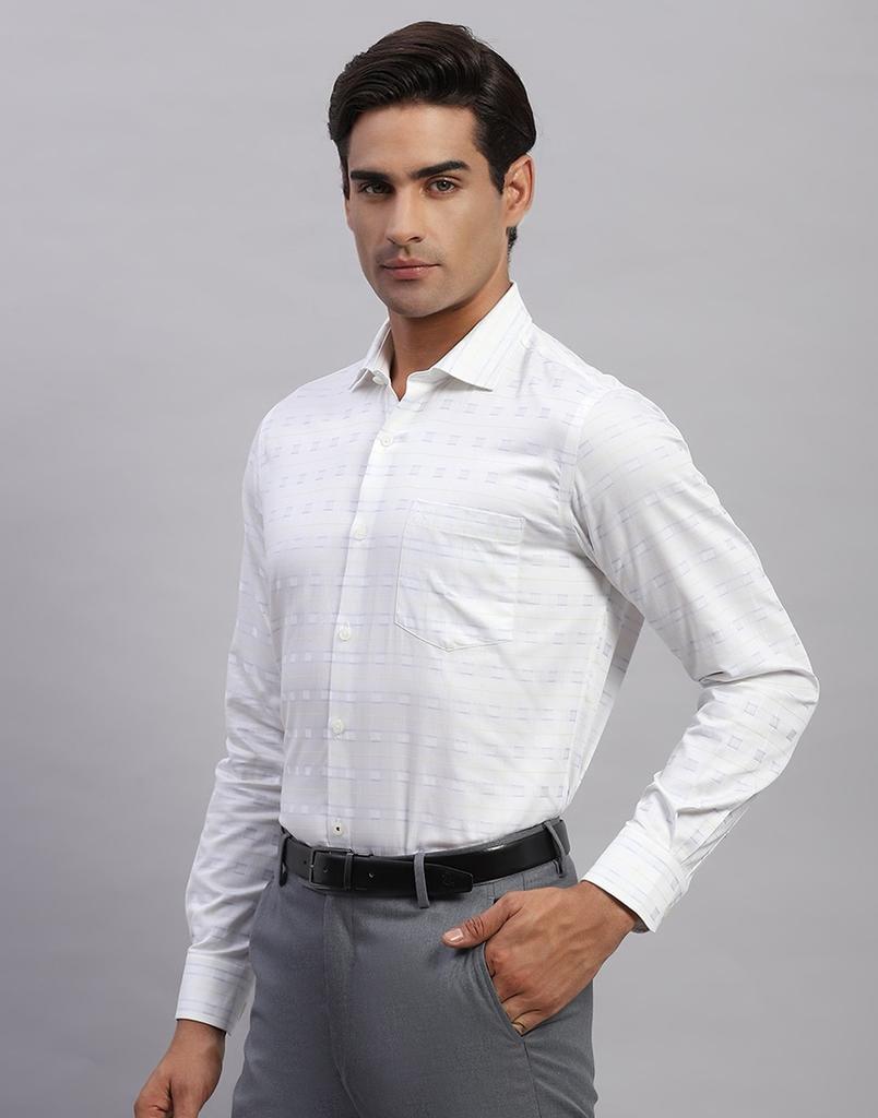 Monte Carlo Mens Self Design White Collared Neck Full Sleeve Shirt