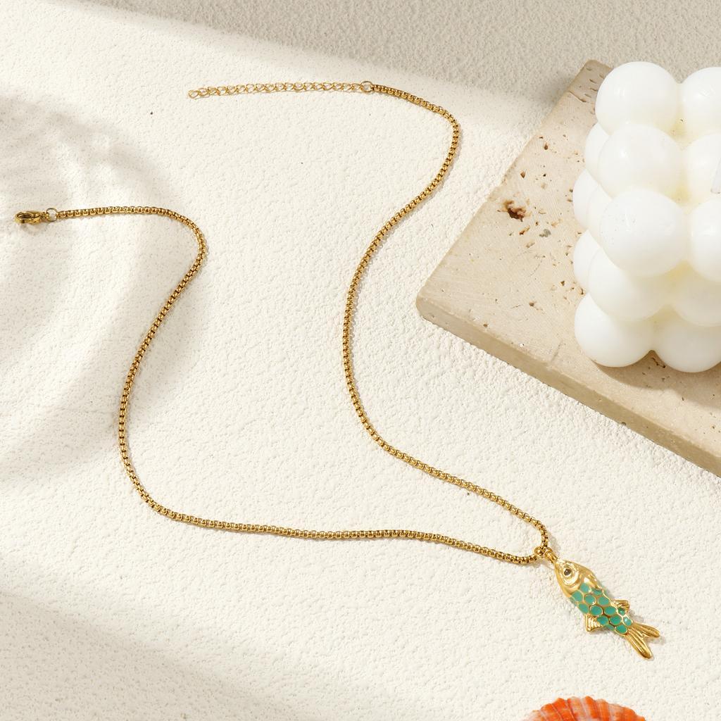 304 Stainless Steel Enamel Fish Pendant Charm Necklace 18K Real Gold Plated Box Chain 45cm + 5cm For Women Ocean Jewelry Gift