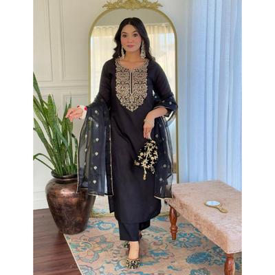 Women's Viscose Embroidered Straight Kurta with Pant And Dupatta Sets