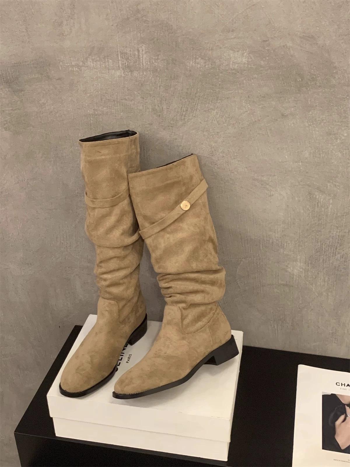 Осенние новые ретро остроносые тонкие замшевые плиссированные ботфорты женские 35 хаки