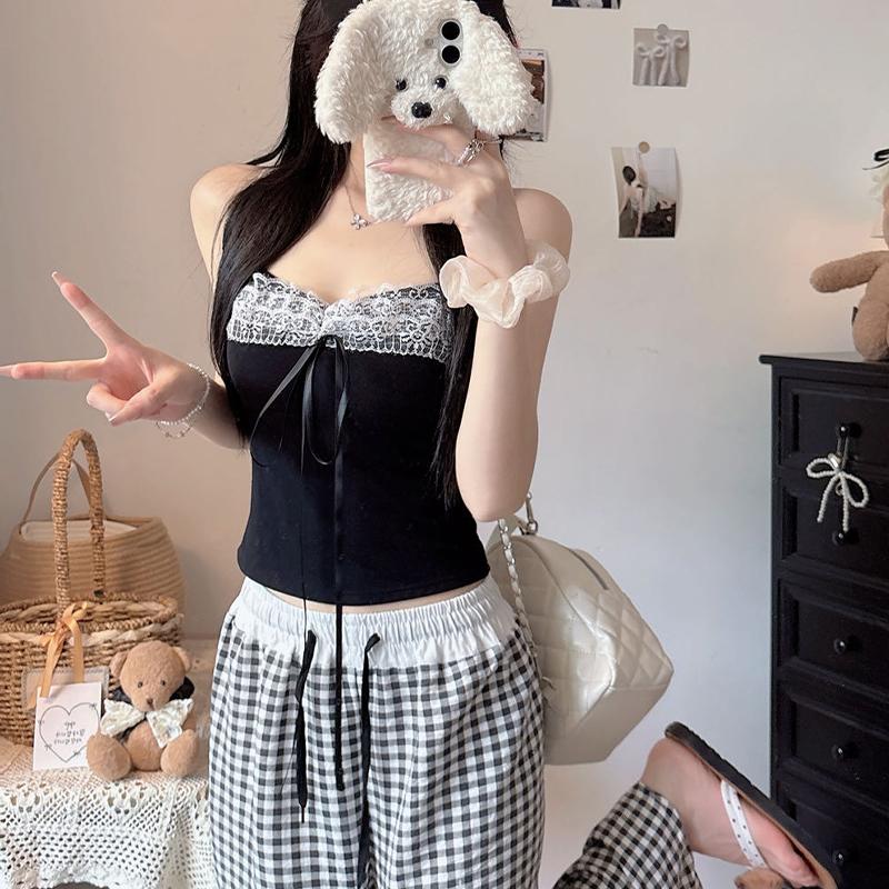 Summer Women'S Sweet Sexy Bow Lace Patchwork Sleeveless Slim Camisole With Chest Pad