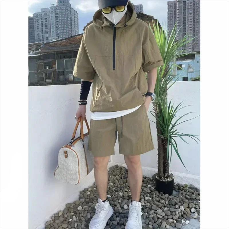 Summer Cargo Style Set Men's Casual Hooded Solid Short Sleeve T-shirt Shorts Loose Handsome Sweatshirt Suit