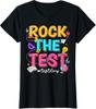 Rock The Test Dia do Teste Retro Motivacional Professor Camiseta de Gola Redonda Feminina Camiseta Unissex