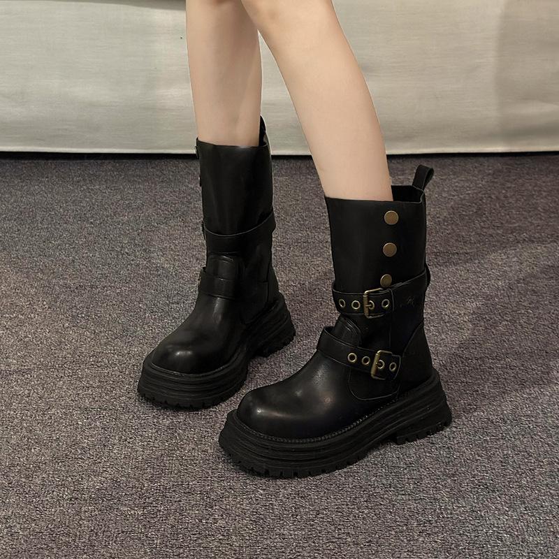 

Винтажные черные женские ковбойские сапоги в западном стиле с пряжкой на ремне, рыцарские полусапожки до середины икры, женственные элегантные на толстом каблуке, botas mujer 40 чёрный