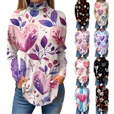 Women's Loose Turtleneck Valentine's Day Print Long-sleeved T-shirt Top Jumper
