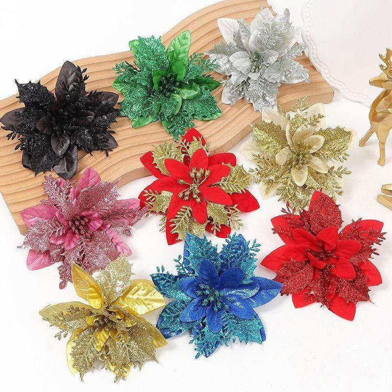 10PCS Poinsettia Christmas Flowers Decoration Artificial Glitter Christmas Tree Ornaments Xmas Party Wreath DIY Garland Decor