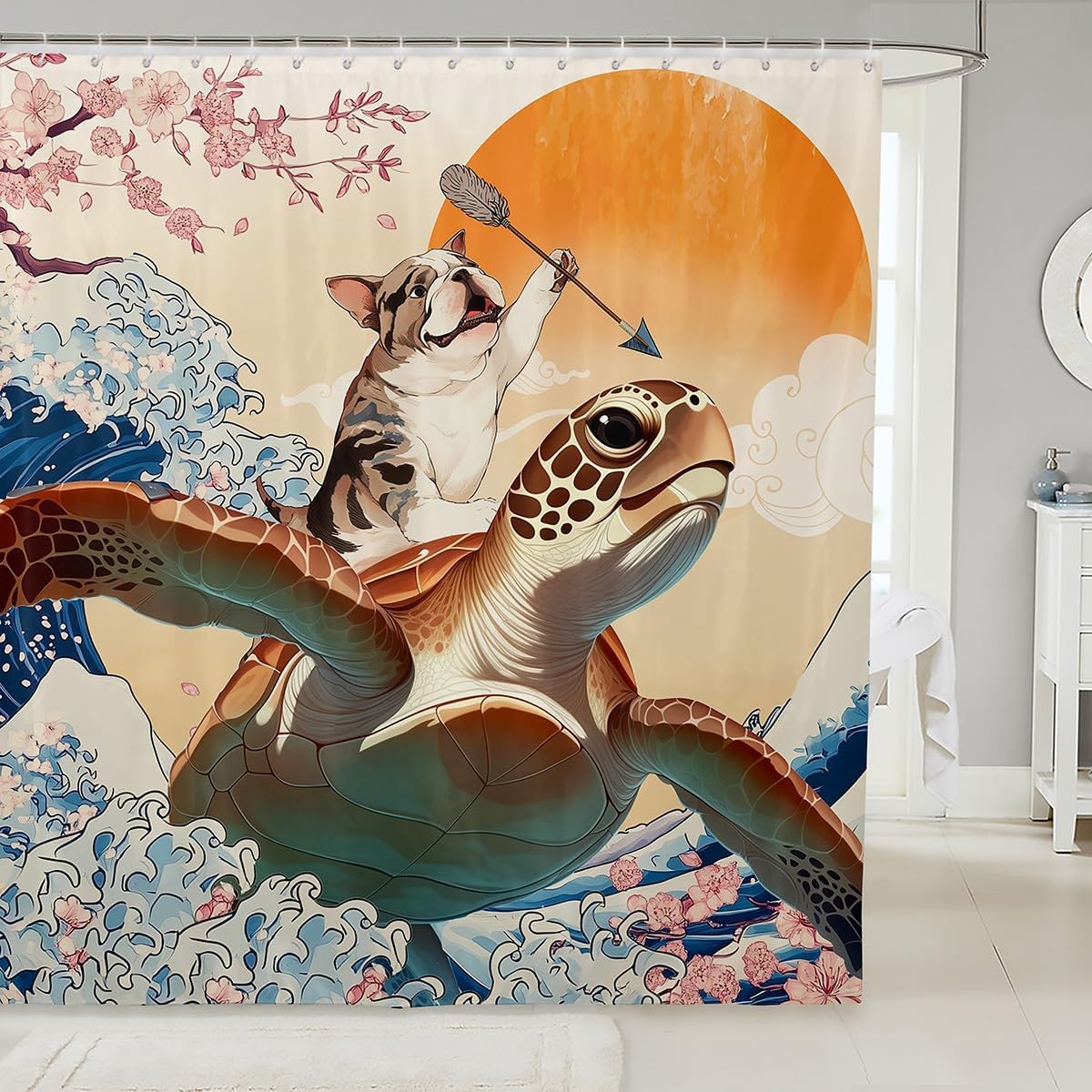 

Kids Funny Waterproof Bathroom Curtain For Bathroom Dog Riding Dinosaur Bath Curtain, Japanese Style Shower Curtain Oriental W60H190(CM)-1 Pcs