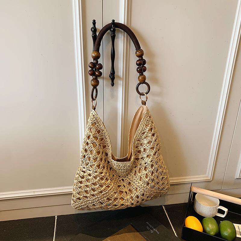 

Woven bag women s new summer large-capacity lazy wind tote bag straw woven vacation beach bag бежевый