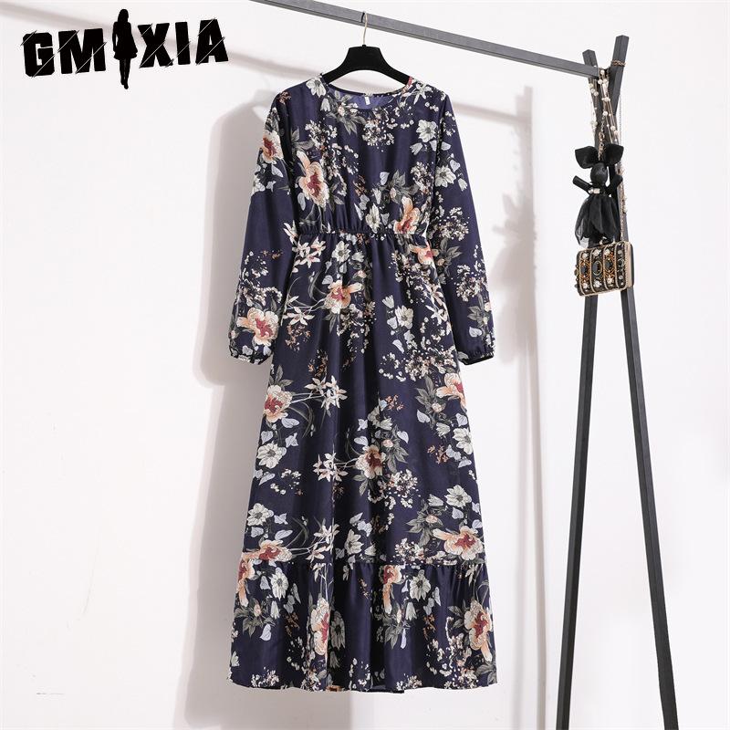GMXIA 25 Colors Spring Women Maxi Dresses Casual Long Sleeve Floral Print O-Neck Ladies Long Dress Bohe Beach Party Mujer Vestidos Muslim Dress