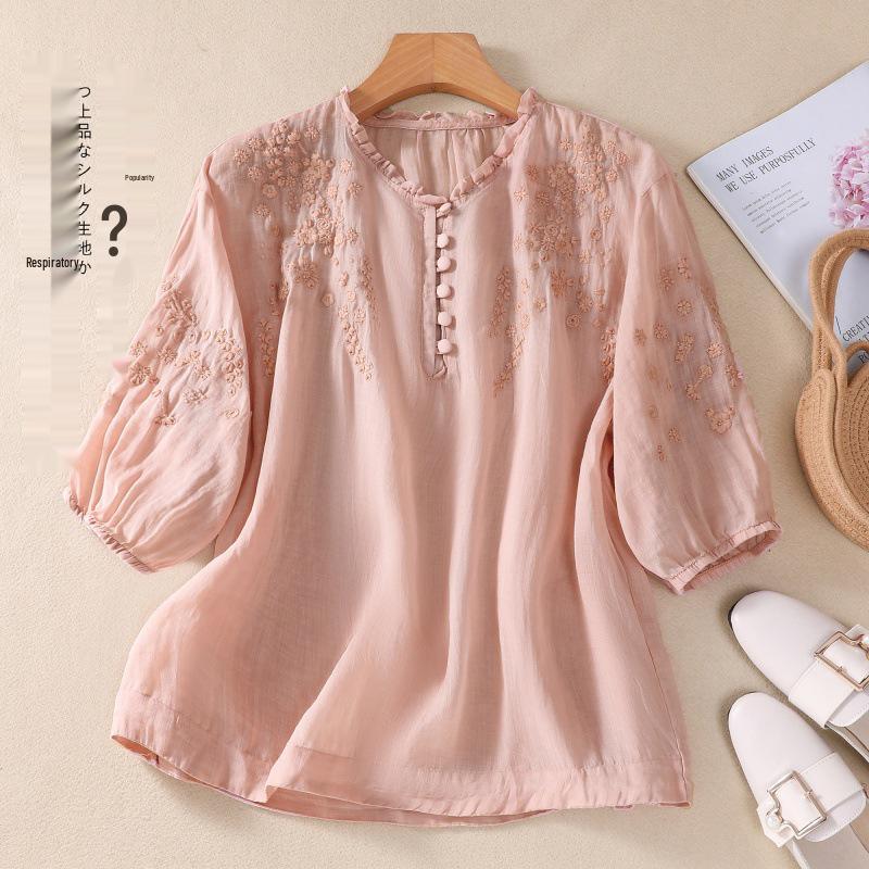 2025 Summer Artistic V-Neck Embroidered Floral Women's Shirt with Five-Point Sleeves