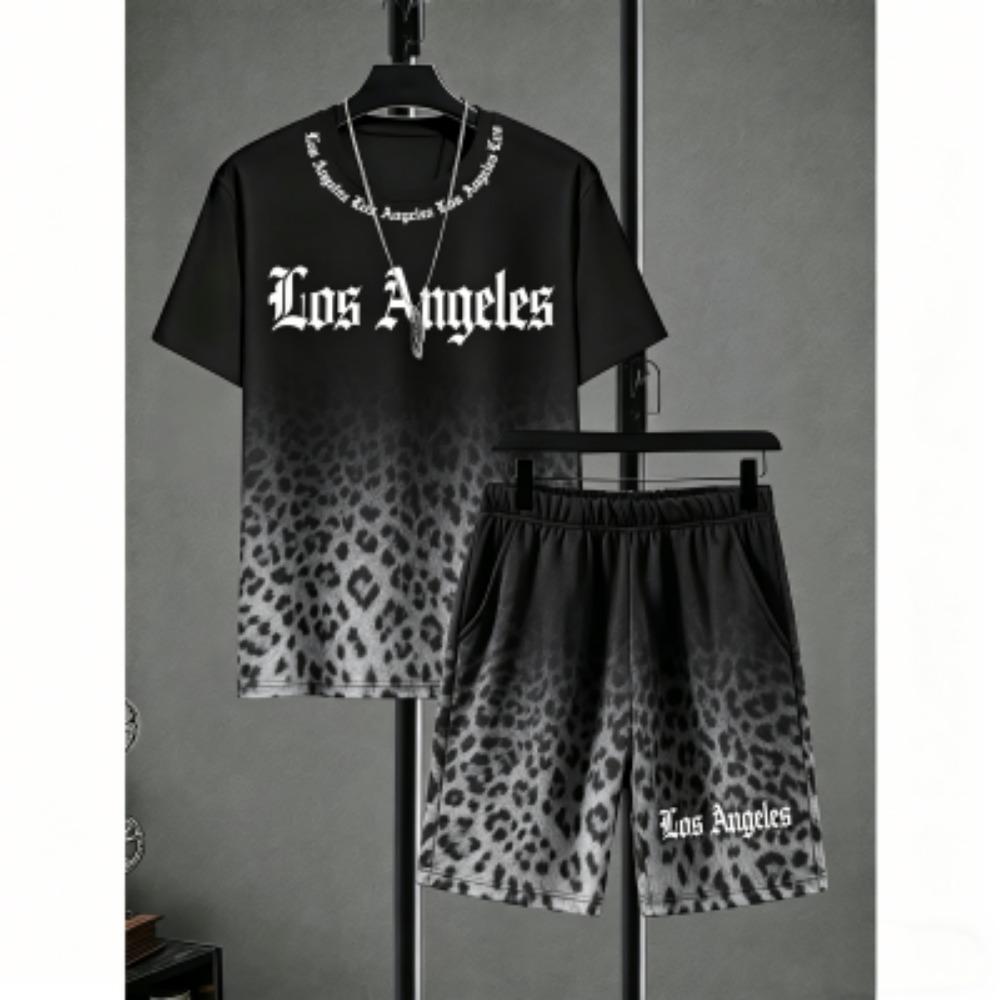 Men's Set Letter Leopard Colorful Printed Men's T-shirt and Shorts 2 Piece Set Summer Casual Outdoor Plus Size Men's and Women's T-shirt Sets