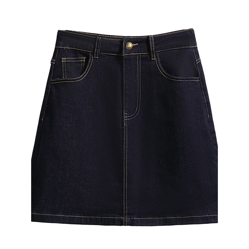 South Korea Dongdaemun Retro Professional High Waist A- Line Slimming Dark Blue Fashion Tape Denim Skirt Skirt M-4XL