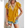 DX~~Short Sleeved Shirt Women's Summer Style Commuting V-neck Ruffle Top