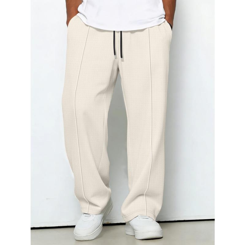 2025 Autumn Men's Solid Color Waffle Lace Trousers Loose Casual Sports Straight Pants