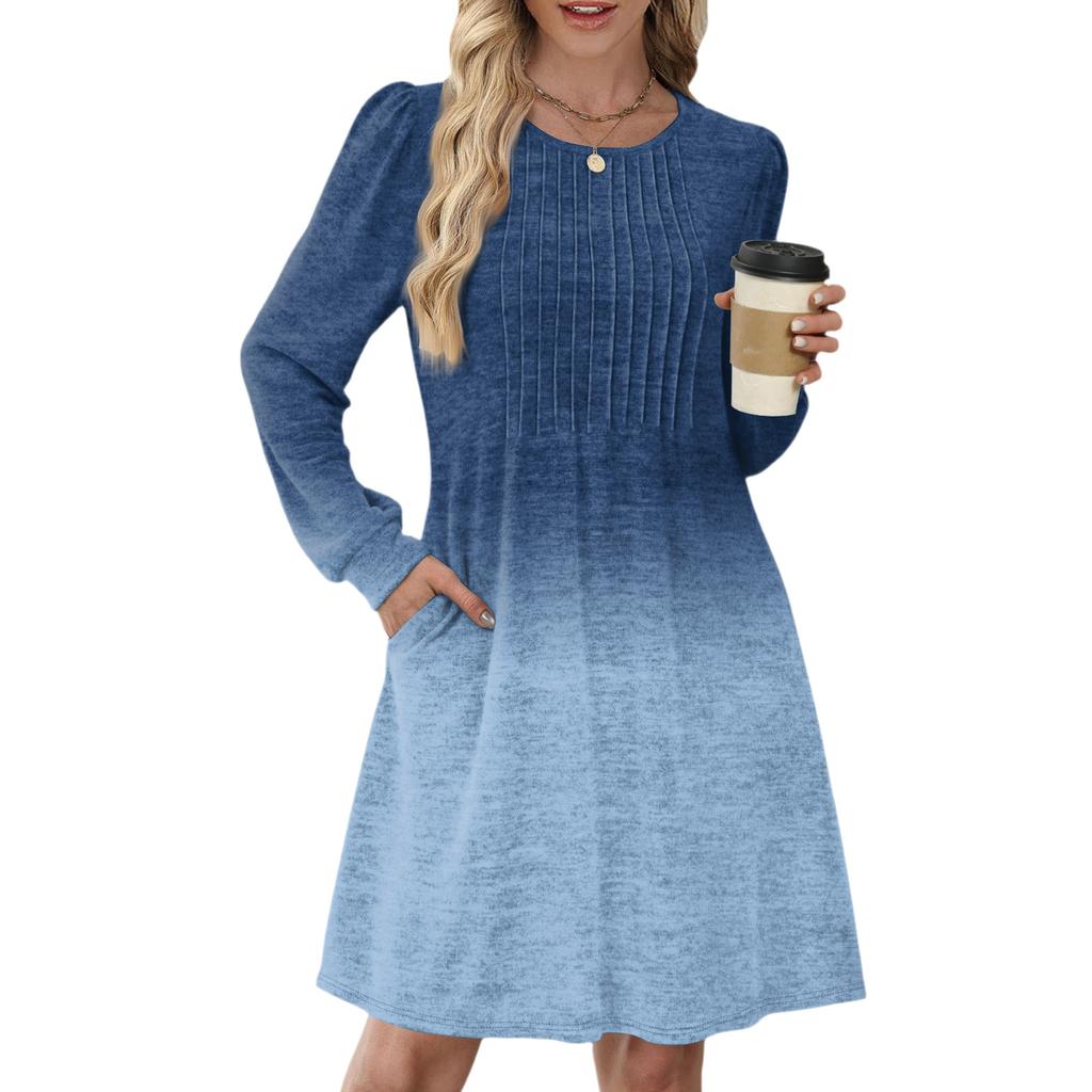 Women's Long Sleeve Pleated Round Neck Gradient Printed Casual Dress With Pockets