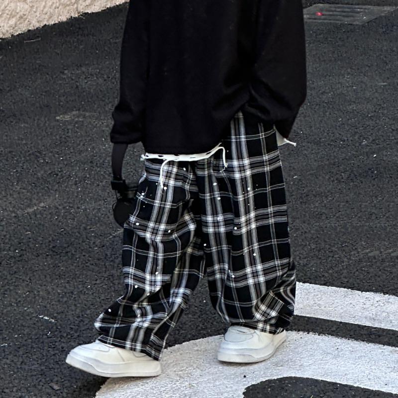 

Осенние новые модные универсальные свободные повседневные прямые брюки в клетку для мальчиков 140cm чёрный