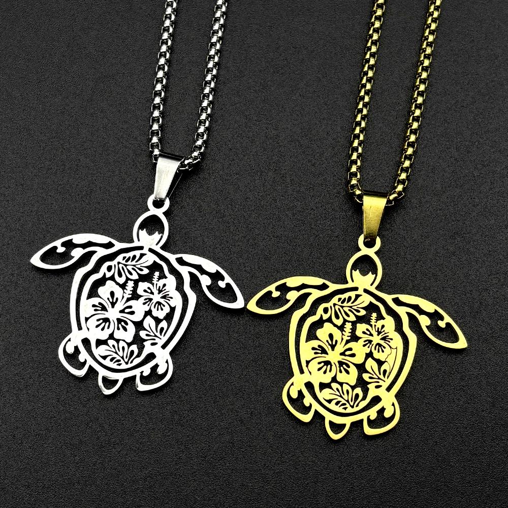 Turtle Guam Hibiscus Flower Chain For Women Men Stainless Steel Guadeloupe Frangipani Ocean Boho Hawaiian Necklace Jewelry Gifts