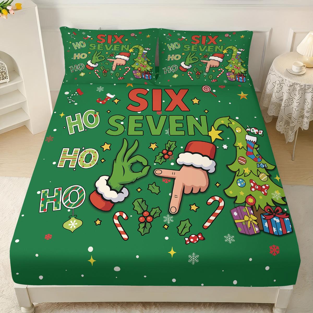 

3 шт. Зеленая новогодняя елка 67 элементов с принтом Бесшовный комплект простыней, Покрывало для кровати разных размеров, Постельное белье для спальни, Праздничные украшения 152x203cm