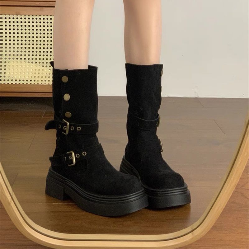Internet Celebrity British Style Women's Medium Boots 2025 Autumn and Winter New Thin Comfortable Casual Flat Martin Boots Women