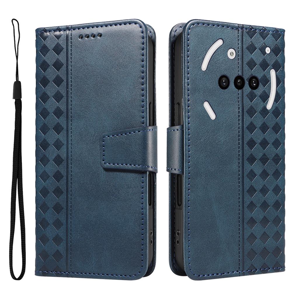 For Nothing Phone (3a) Leather Case Wallet Stand Grids Imprinted Phone Cover with Strap