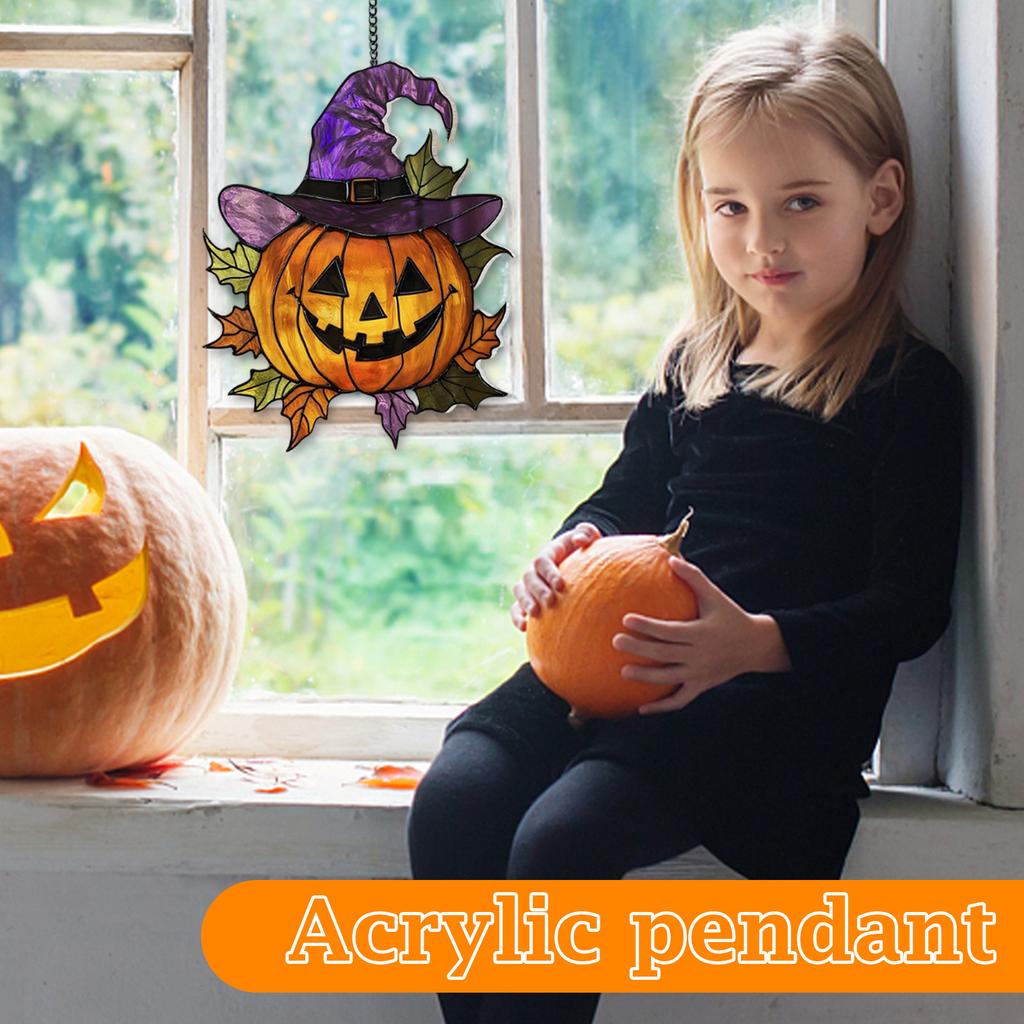 Acrylic Pumpkin Hanging Decoration with Witch Hat Halloween Theme Double Sided Flat Pendant for Indoor Outdoor Wall Door Window Display