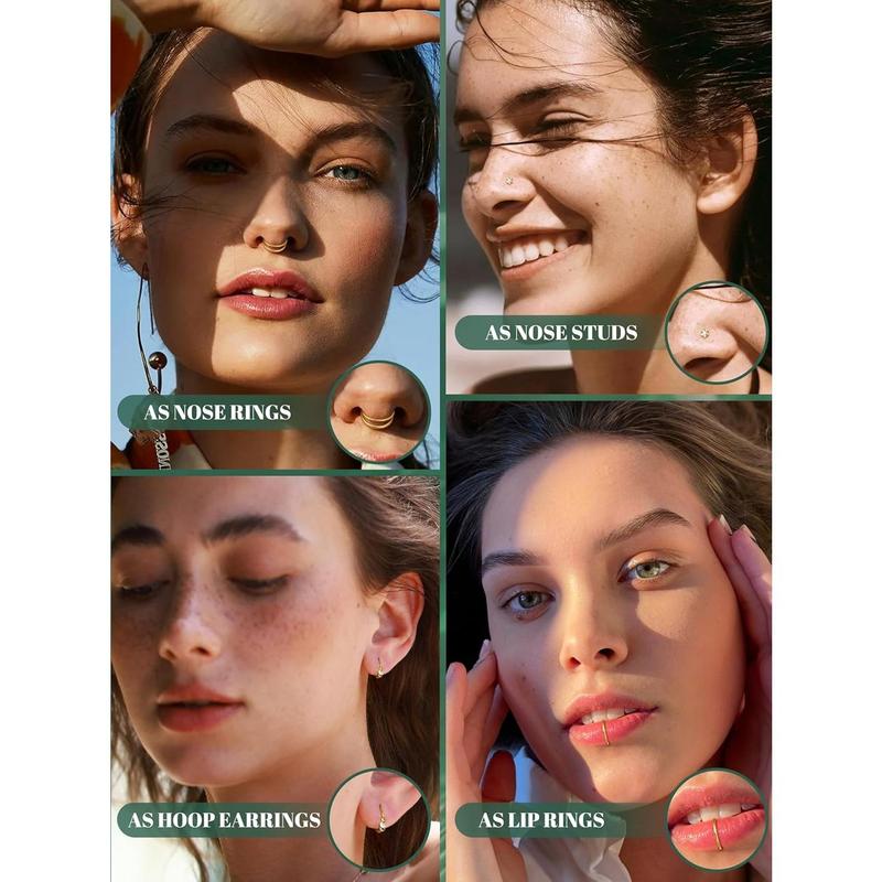 ORAZIO 18Pcs Nose Rings for Women Men 14K Gold-plated Surgical Steel Nose Hoops L Shaped Studs Opal CZ  Nostril Piercing Jewelry