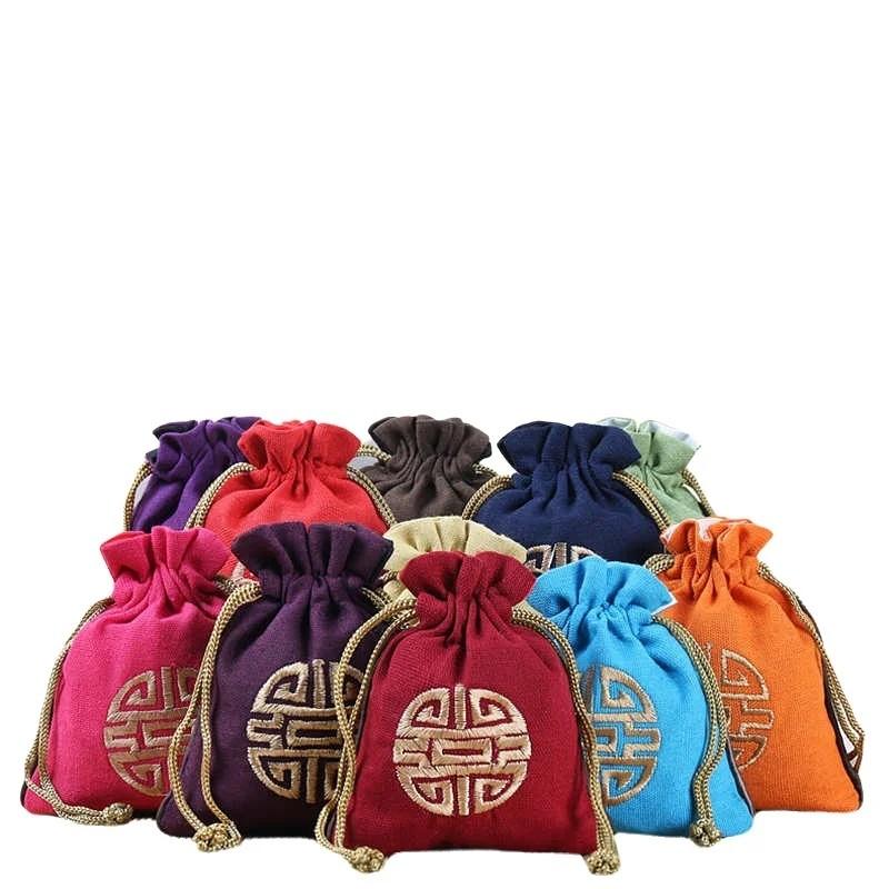 10pcs Chinese Color Linen Cotton Drawstring Bag Small Gift Jewelry Packaging Storage Pocket Reusable Pouch Decoration