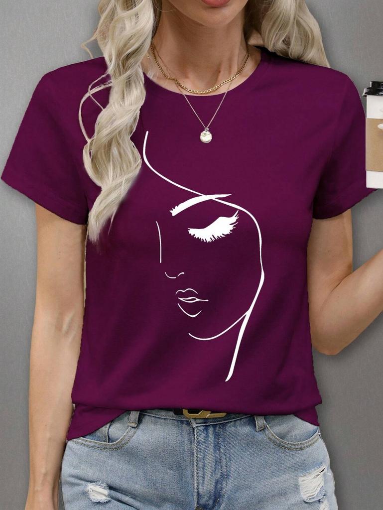 Women's Simple Line Graphics T-Shirts Casual Short Sleeves O-Neck Tops Loose Comfortable Tees Oversize Clothes Woman's Clothing