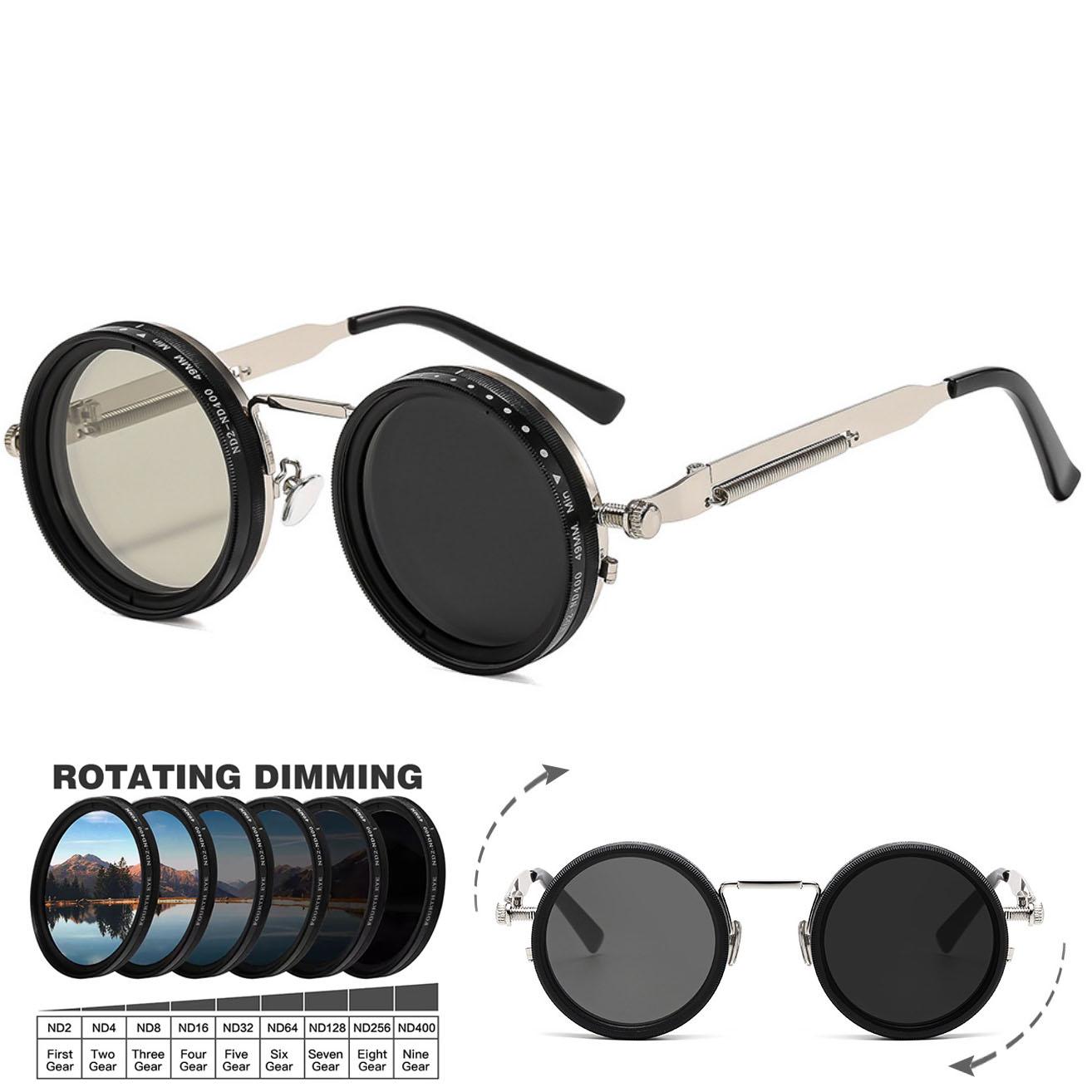 Shunika Chen Men's Vintage Round Steampunk Sunglasses For Wo Outdoor Sport Shades -Level Adjustable Dimming Sun Glasses Uv400