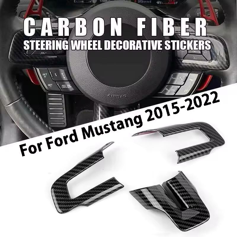 3PCS Carbon Fiber Steering Wheel Cover Trim For Ford Mustang 2015 2016 2017 2018 Car Accessories Interior Decoration