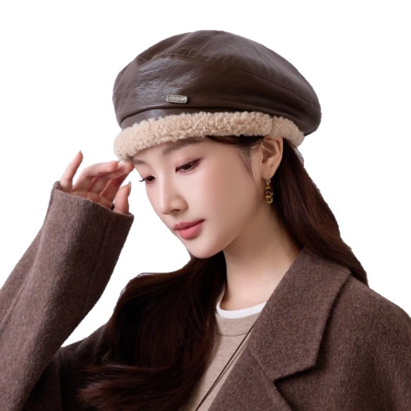 Winter neue Leder Baskenmütze Damen Lammleder grobe Kante High-End Temperament vielseitig Gesicht kleines Malerhut