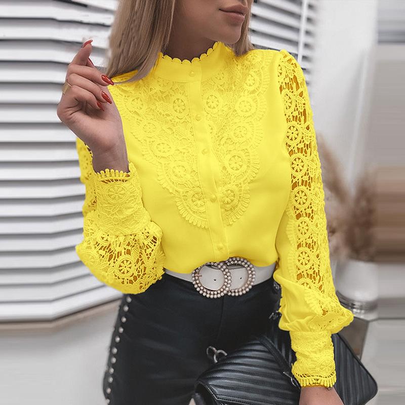 Women's Stand Collar Long Sleeve Hollow Lace Patch Blouse Elegant Pearl Button Solid Shirt