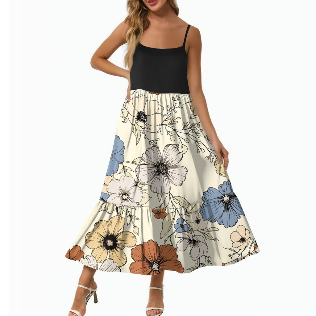 Women's Long Beach Casual Elegant Spaghetti Strap Maxi Dress Floral Low-key Flowing Bohemian Dress