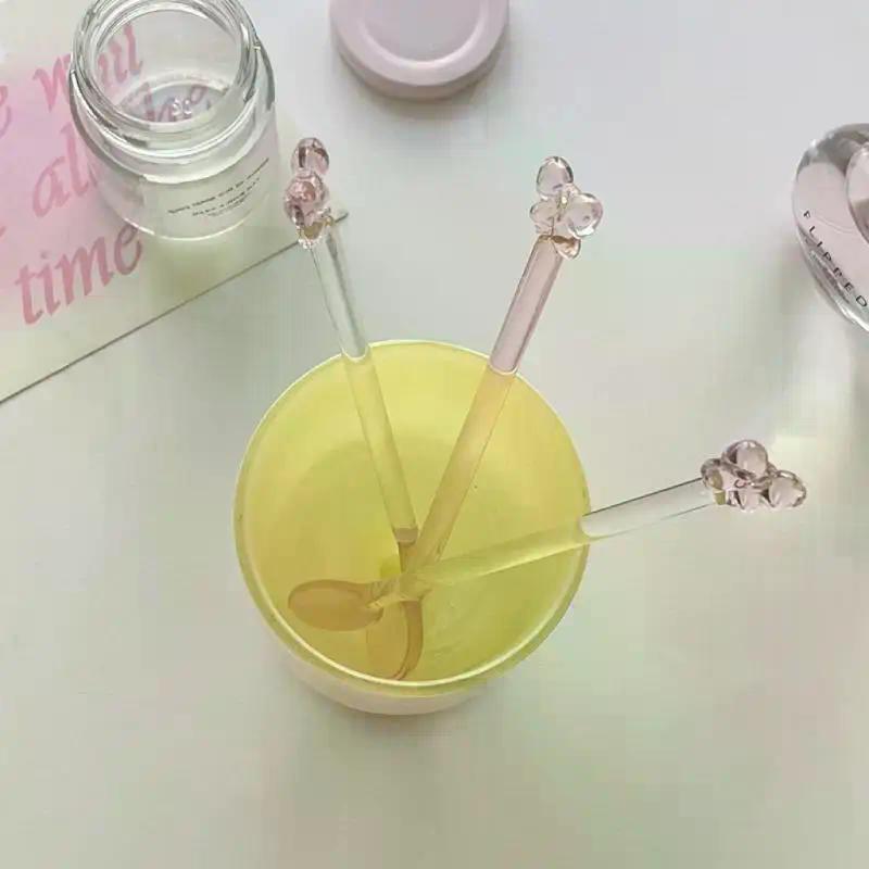 Pink Bow Glass Coffee Spoon, Long-handled Dessert/milk Tea Stirring Spoon, Heat-resistant Teaspoon, Household Kitchen Tool.