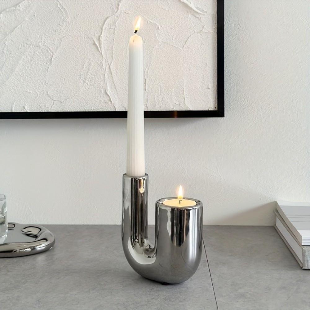 Creative U-shaped Ceramic Candle Holder Romantic Electroplating Silver Candlestick Holder Light Luxury Candle Stand Office